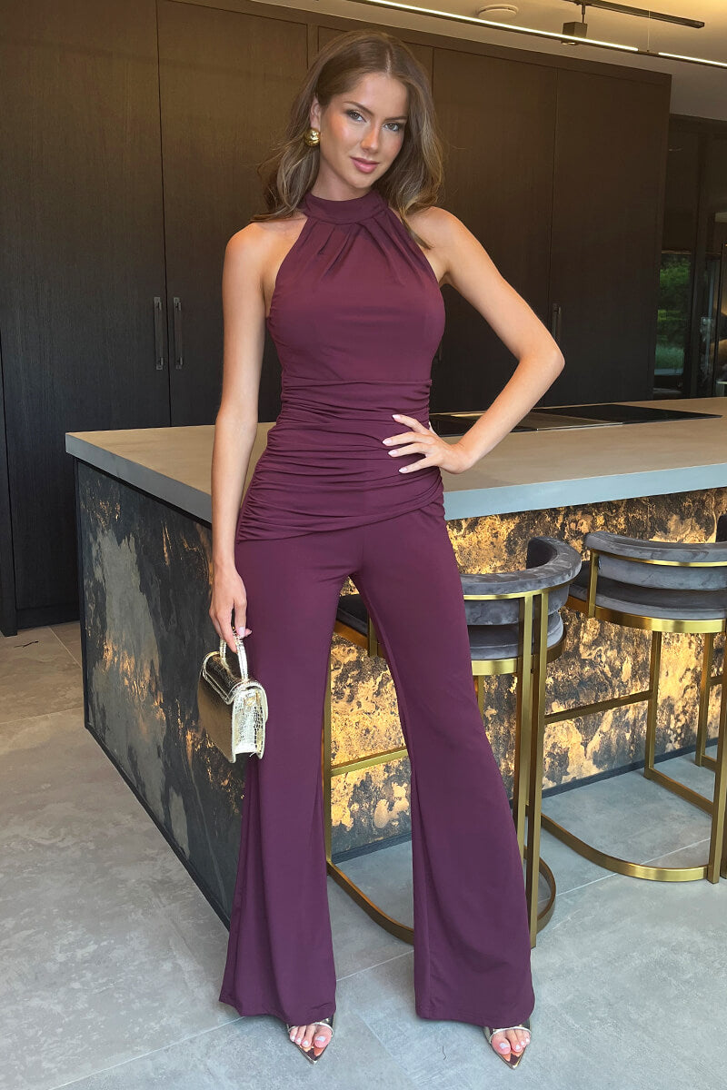 Plum Pleated Halter Neck Draped Waist Detail Jumpsuit