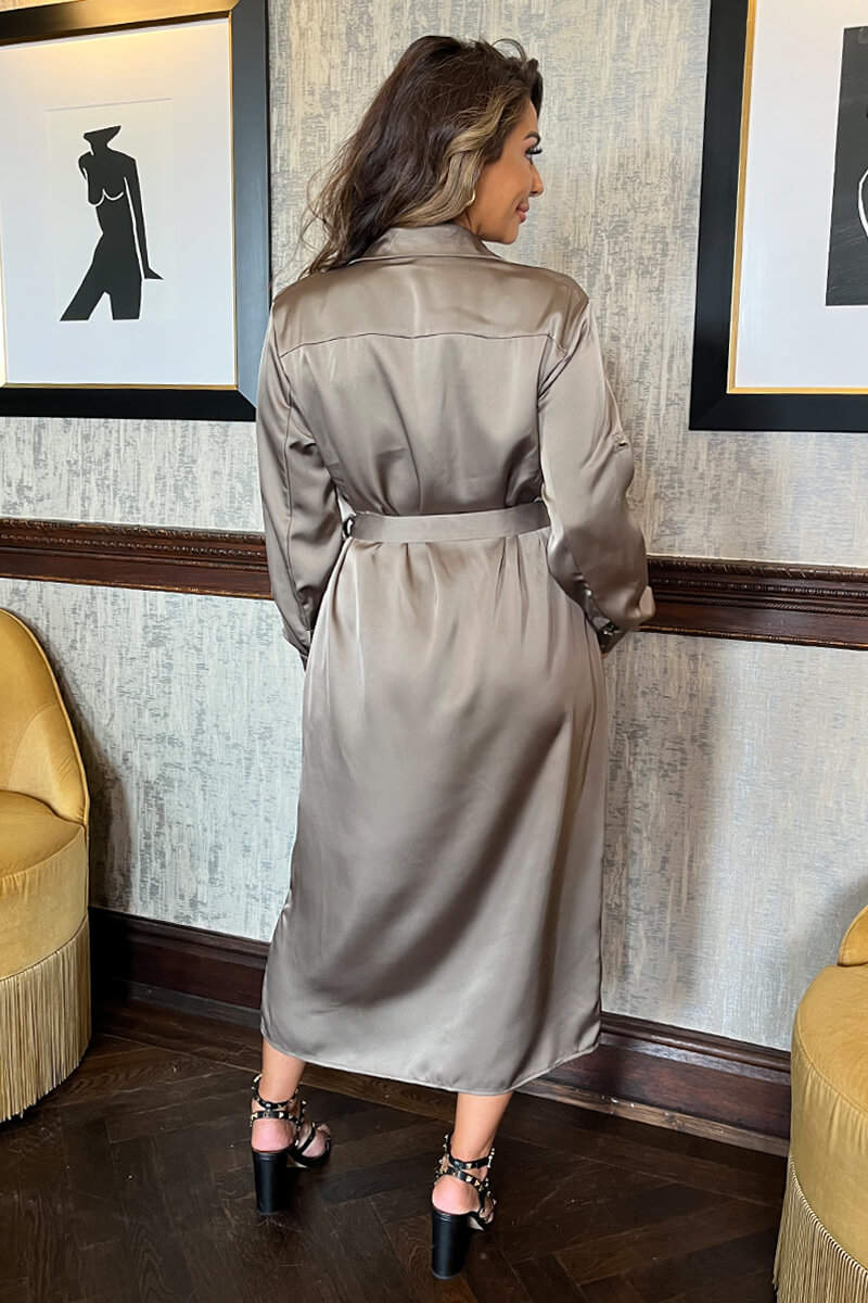 Taupe Satin Belted 3/4 Sleeve Gold Buttons Shirt Midi Dress