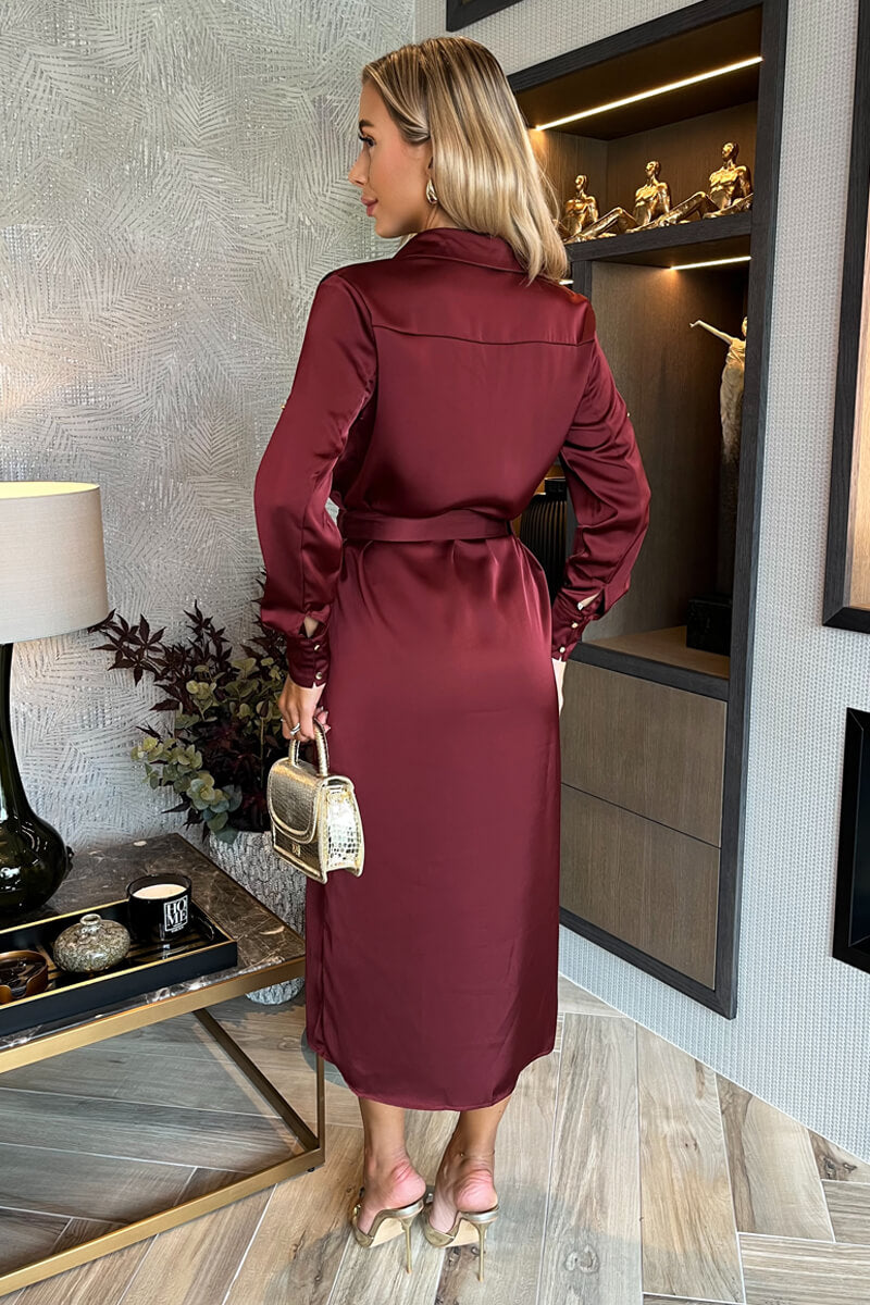 Wine Satin Belted 3/4 Sleeve Gold Buttons Shirt Midi Dress