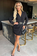 Black Wrap Top Long Sleeve Belted Mini Dress