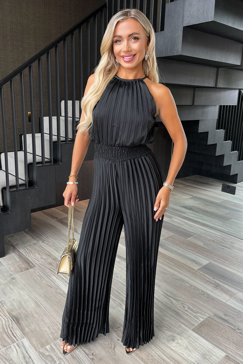 Black Halter Neck Shirred Waist Pleated Jumpsuit