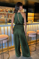 Olive Halter Neck Shirred Waist Pleated Jumpsuit