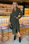 Olive Belted Wrap Midi Shirt Dress