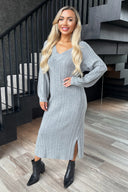 Mid-Grey V-Neck Knitted Midi Dress