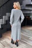 Mid-Grey V-Neck Knitted Midi Dress