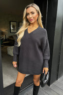 Anthracite V-Neck Knitted Jumper Dress