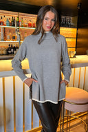 Mid Grey Mock Neck Side Split Contrast Hem Knitted Jumper