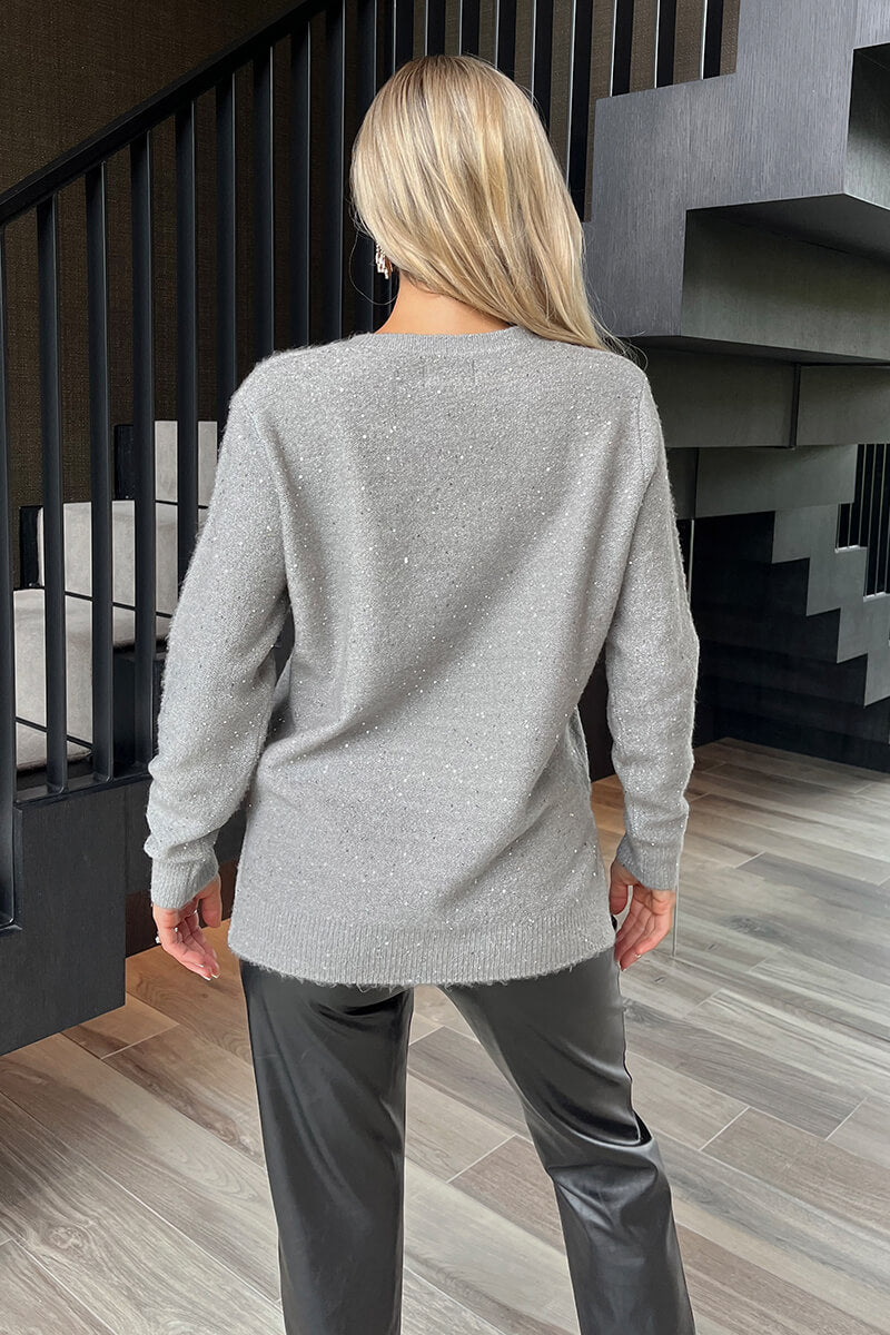 Grey Sequin Detail V-Neck Jumper