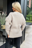 Oatmeal and Cream Fringe Detail Sleeve Knitted Jumper