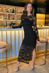 Black Lace Overlay Long Sleeve Bodycon Midi Dress