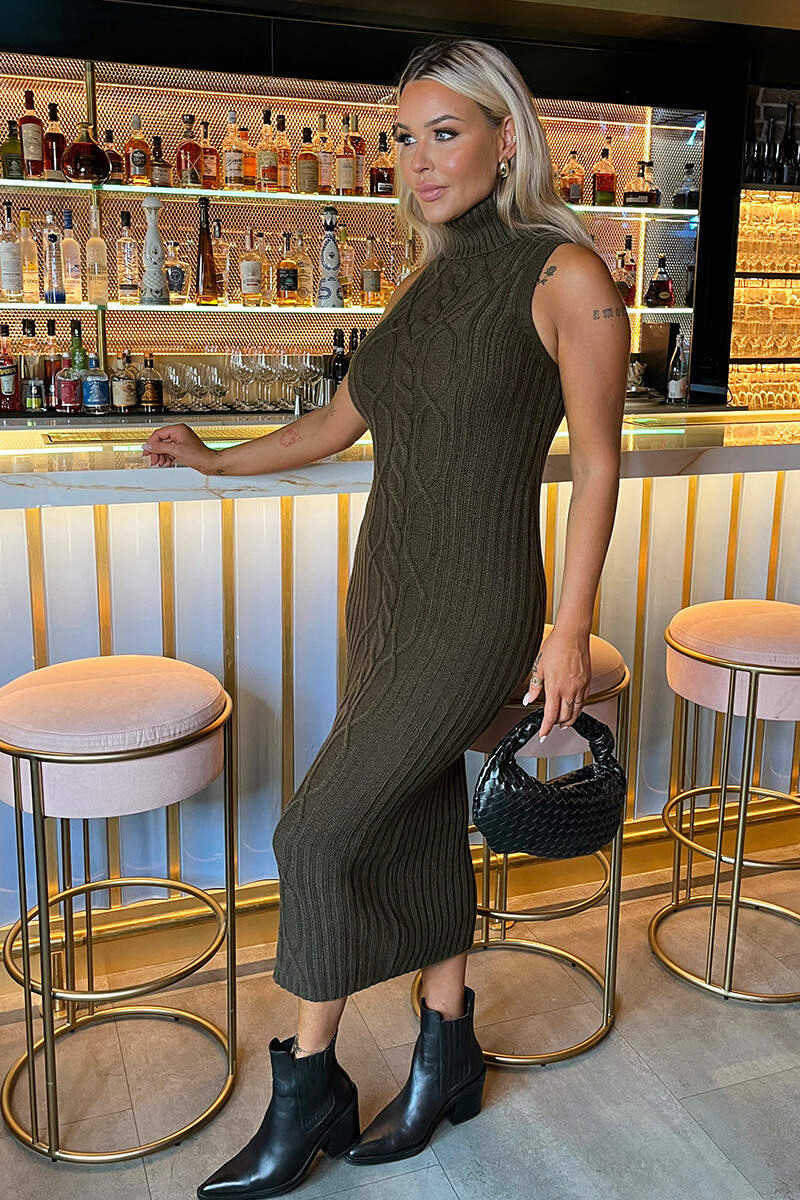 Olive Roll Neck Sleeveless Cable and Ribbed Knit Midi Dress