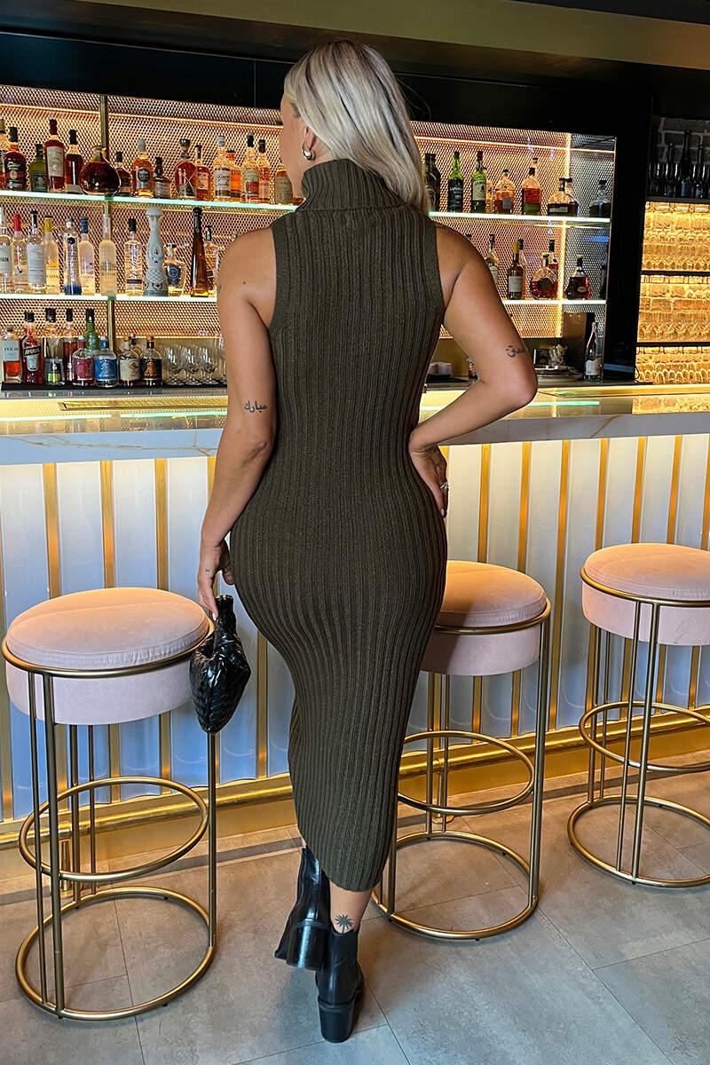 Olive Roll Neck Sleeveless Cable and Ribbed Knit Midi Dress