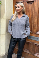 Mid- Grey V- Neck Collared Cable Knit Jumper