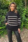 Black and Oatmeal Striped Button Detail Shoulder Knit Jumper