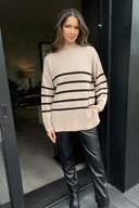 Oatmeal and Black Striped Button Detail Shoulder Knit Jumper