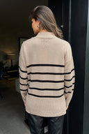 Oatmeal and Black Striped Button Detail Shoulder Knit Jumper