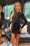 Black Velvet Sequin Long Sleeve Bodycon Mini Dress