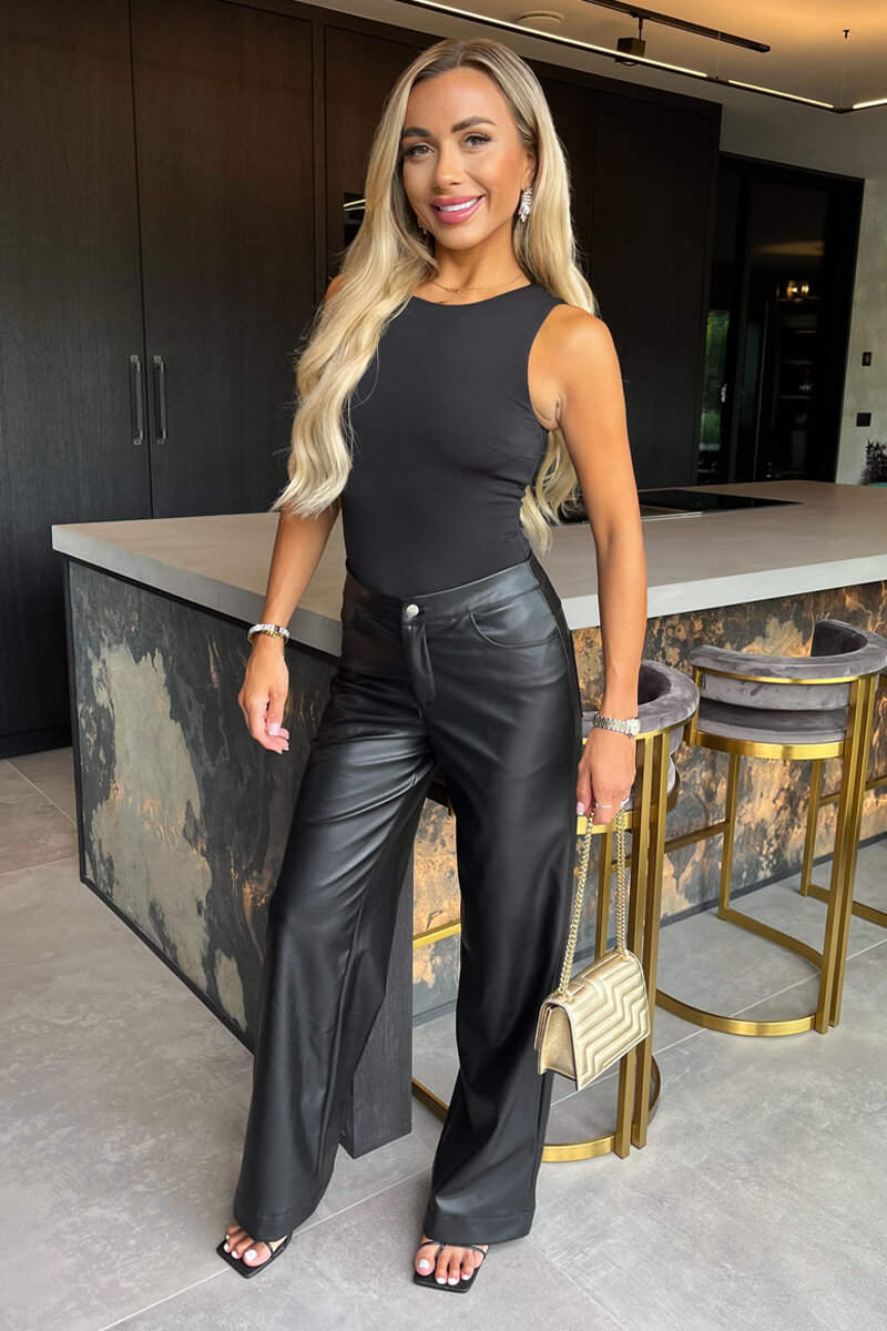 Black Faux Leather Wide Leg Trousers