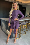 Plum Slinky Long Sleeve Sash Bodycon Mini Dress