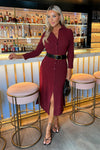 Wine Button Front Belted Shirt Midi Dress