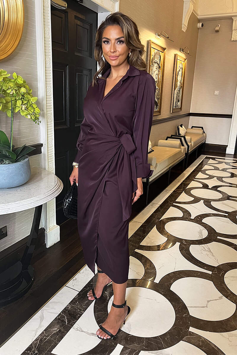 Plum Side Tie Waist Wrap Midi Dress