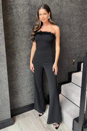 Black Strapless Faux Feather Detail Jumpsuit