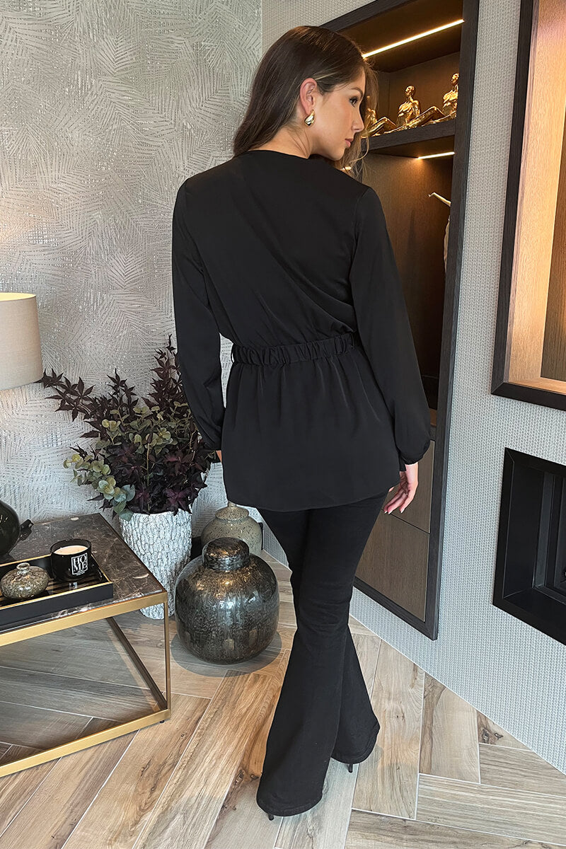 Black Long Sleeve Gold Detail Belt Wrap Top