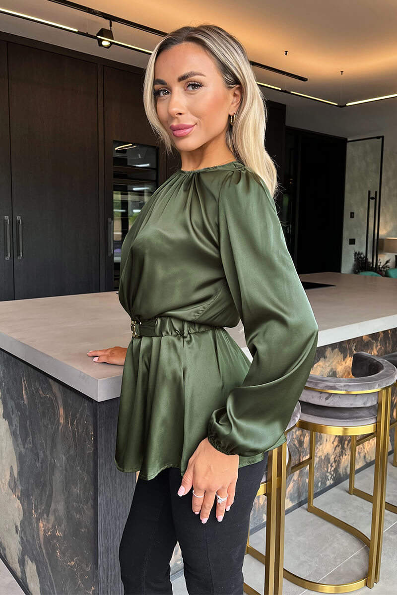 Olive Satin Long Sleeve Gold Detail Belt Top