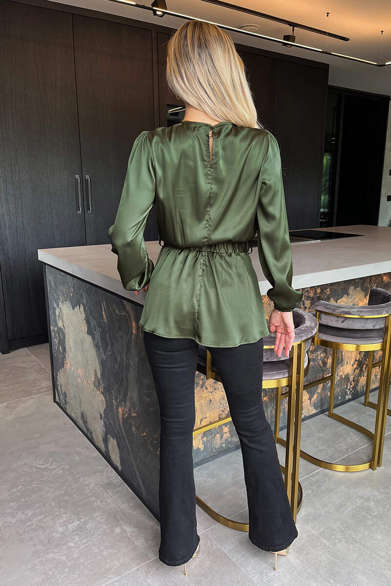 Olive Satin Long Sleeve Gold Detail Belt Top