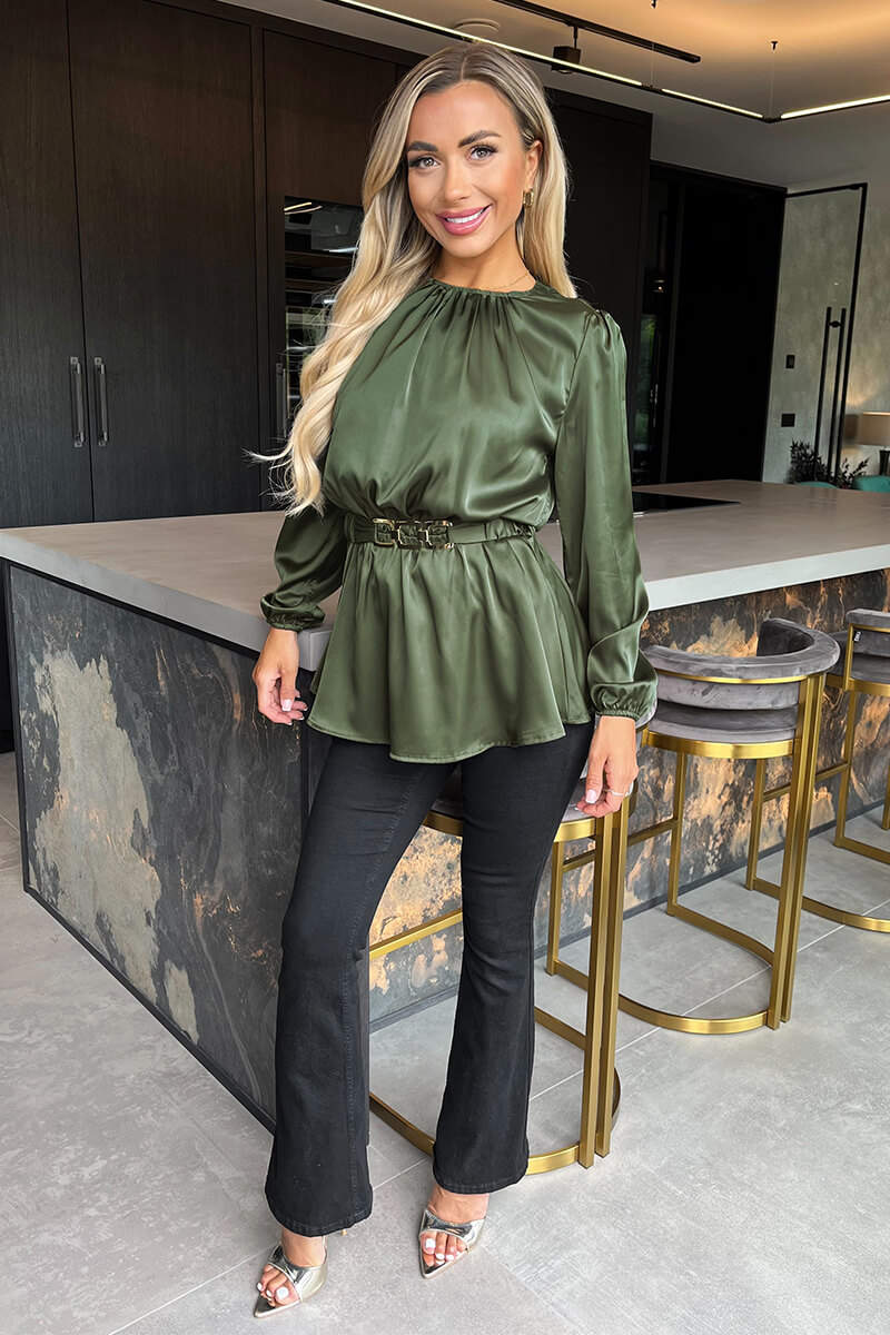 Olive Satin Long Sleeve Gold Detail Belt Top