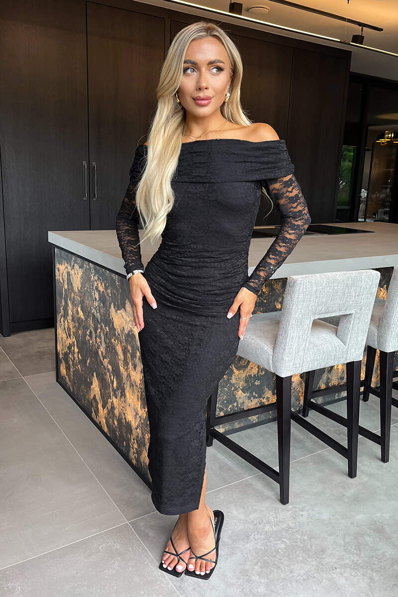 Black Lace Bardot Long Sleeve Ruched Bodycon Midi Dress