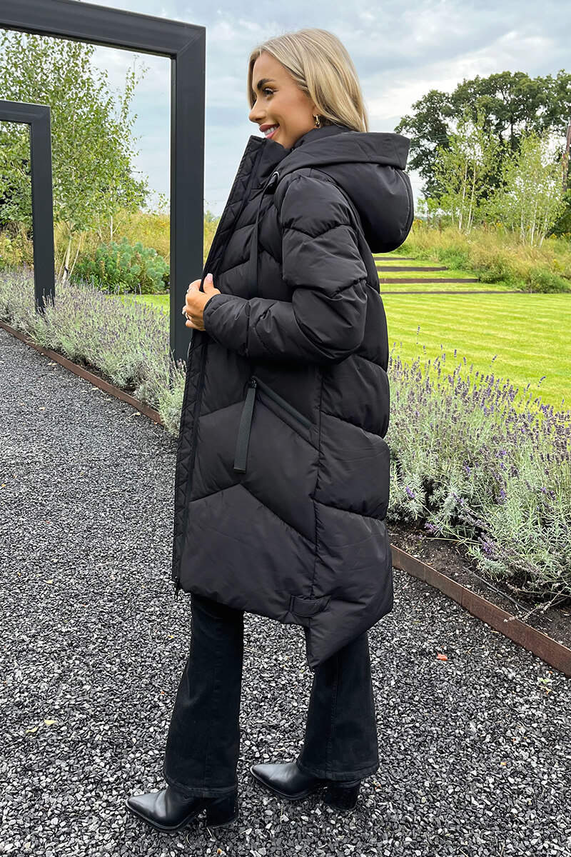 Black Hooded  Long Line Puffer Coat