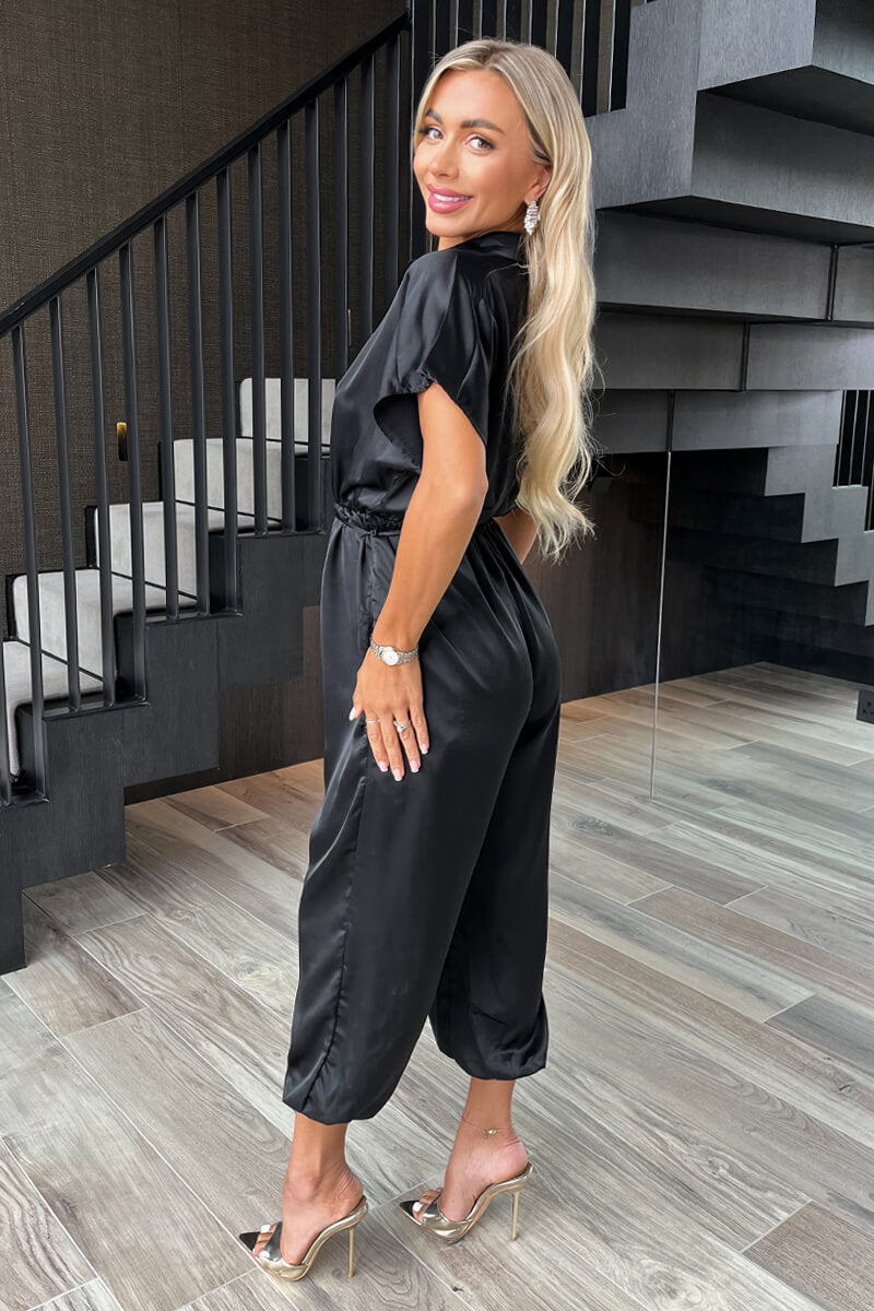 Black Satin Button Front Collared Tie Waist Jumpsuit