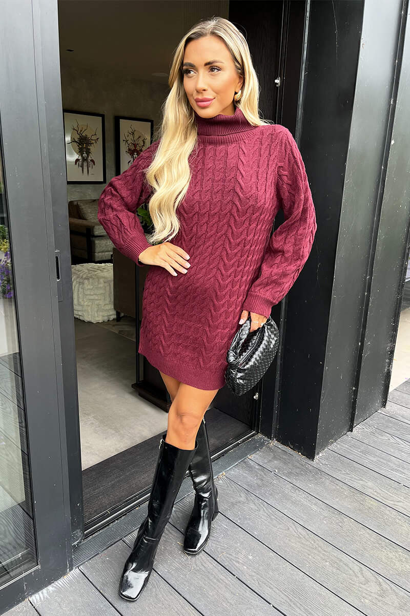 Wine Roll Neck Cable Knit Dress