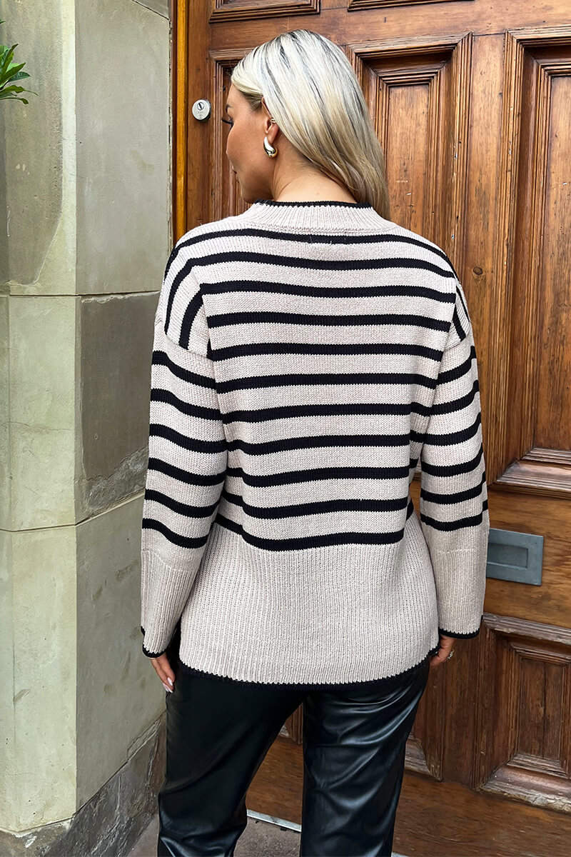 Oatmeal And Black Striped Block Hem Jumper