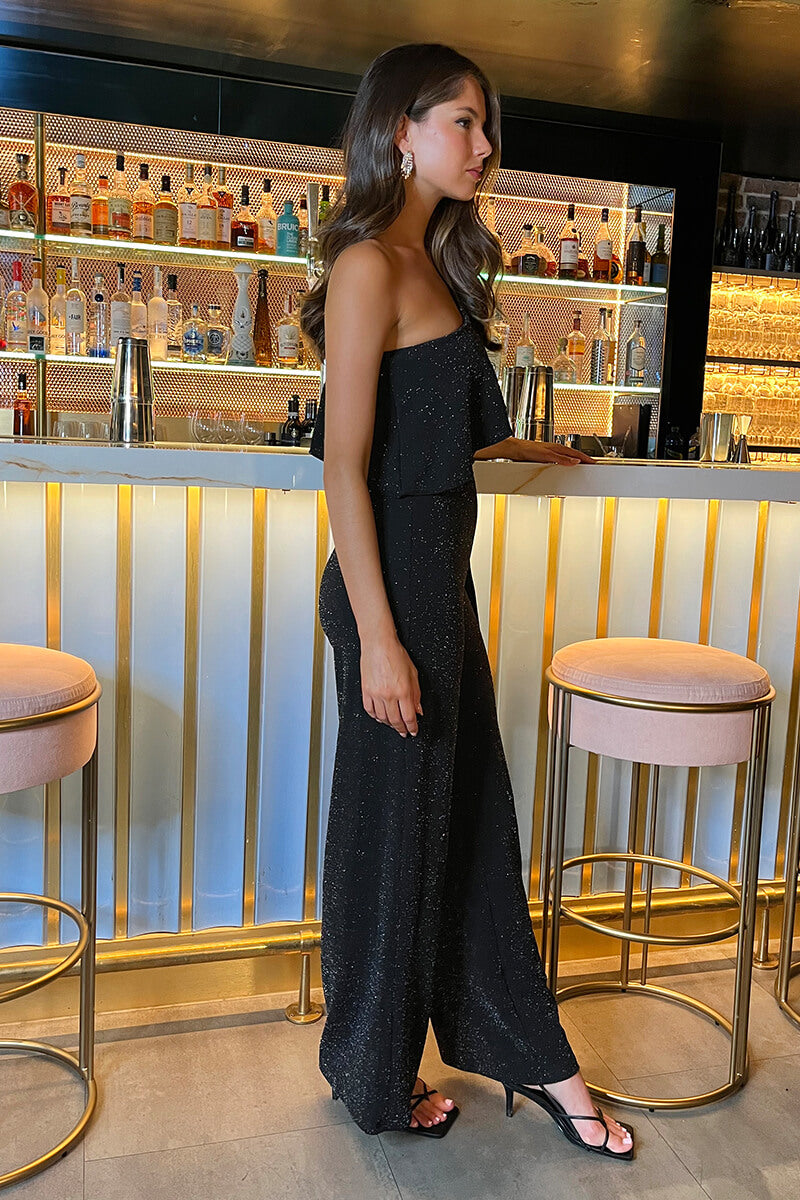 Black Sparkle One Shoulder Frill Belted Jumpsuit