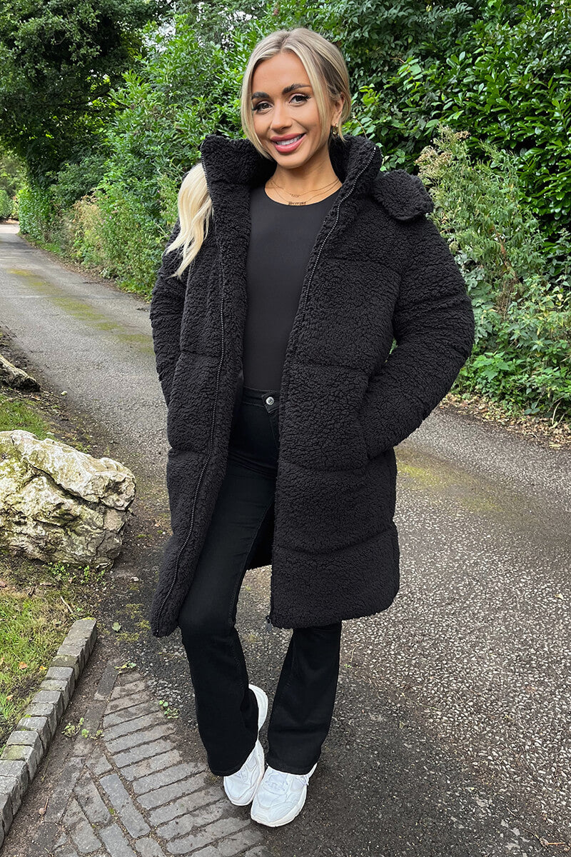 Black Teddy Panelled Long Coat