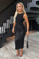 Black Sequin High Waist Midi Skirt