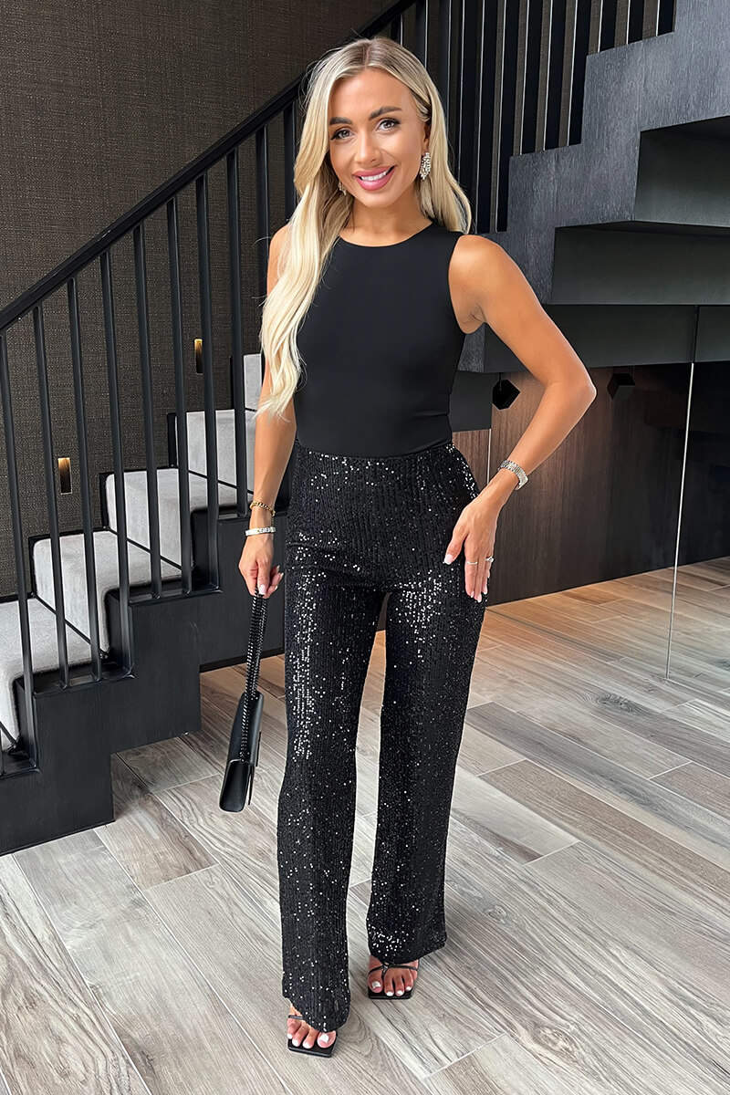 Black Sequin High Waist Flared Trousers