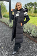 Black Faux Fur Hooded Longline Padded Gilet