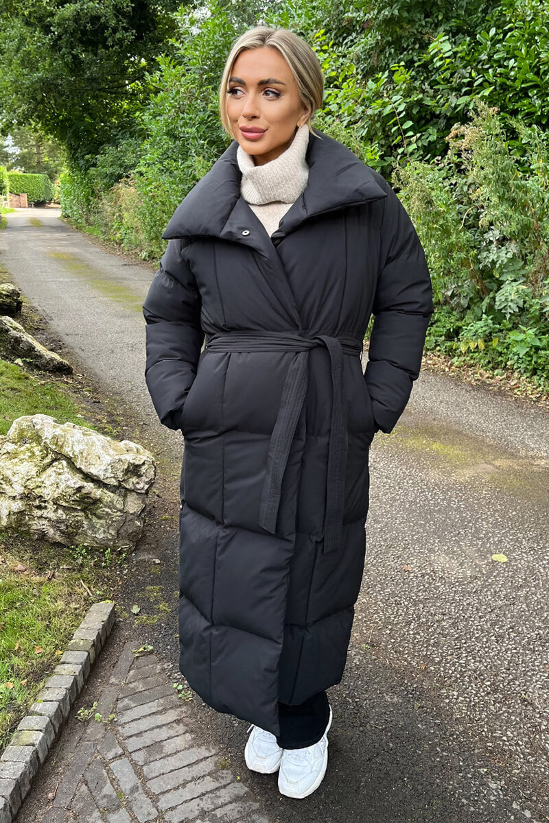 Black Tie Waist Quilted Longline Puffer Coat