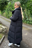 Black Tie Waist Quilted Longline Puffer Coat