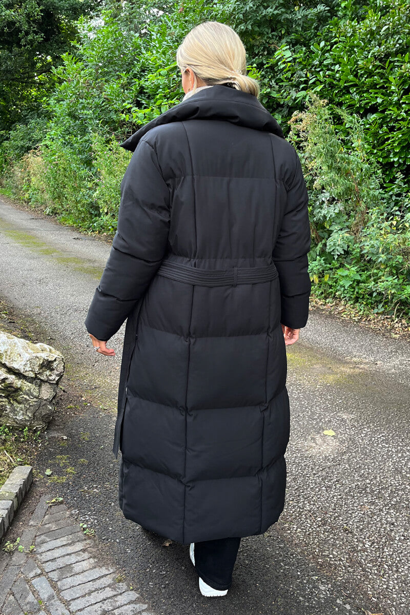 Black Tie Waist Quilted Longline Puffer Coat