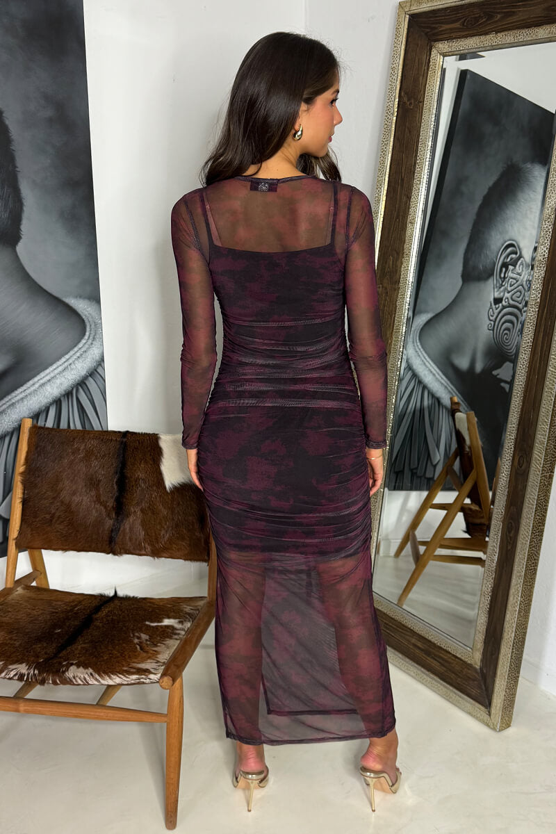 Wine Printed Mesh Overlay Long Sleeve Bodycon Midi Dress