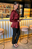 Wine Satin Long Sleeve Gold Detail Belt Top