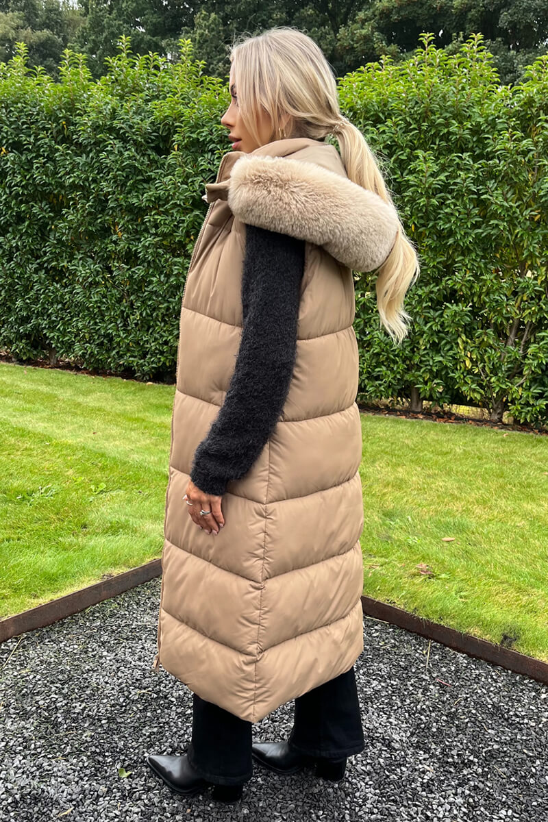 Biscuit Faux Fur Hooded Longline Padded Gilet