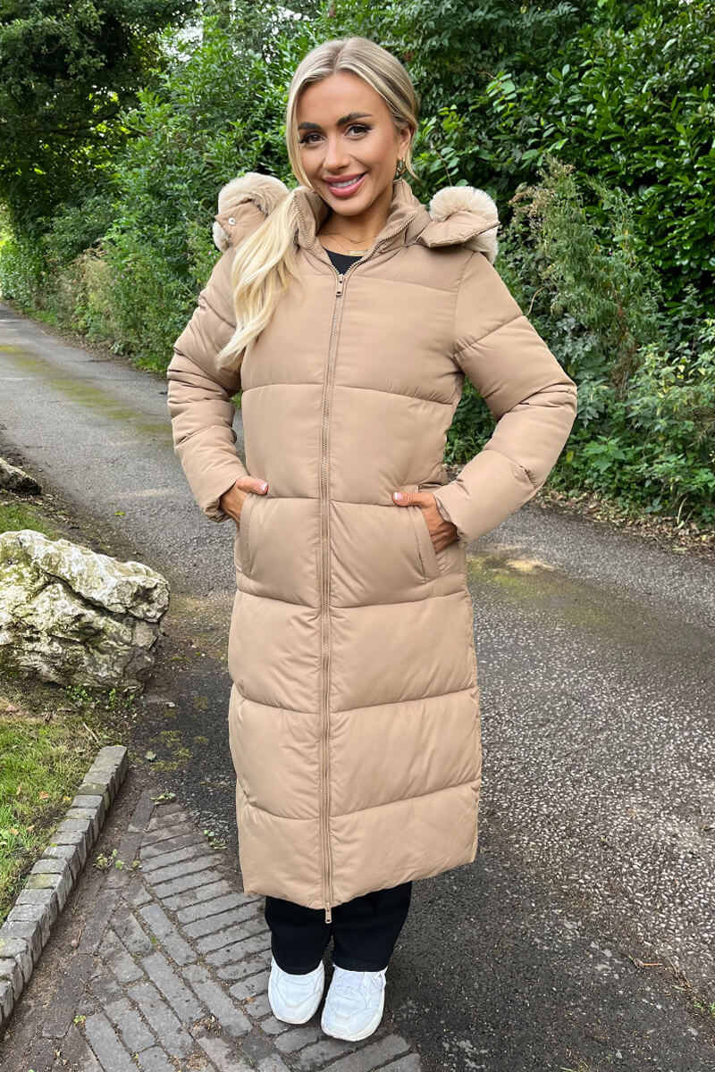 Biscuit Faux Fur Hooded Longline Padded Coat