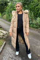 Biscuit Faux Fur Hooded Longline Padded Coat