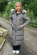 Khaki Faux Fur Hooded Longline Padded Coat