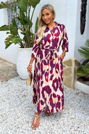 Purple And Cream Animal Print 3/4 Sleeve Shirt Midi Dress